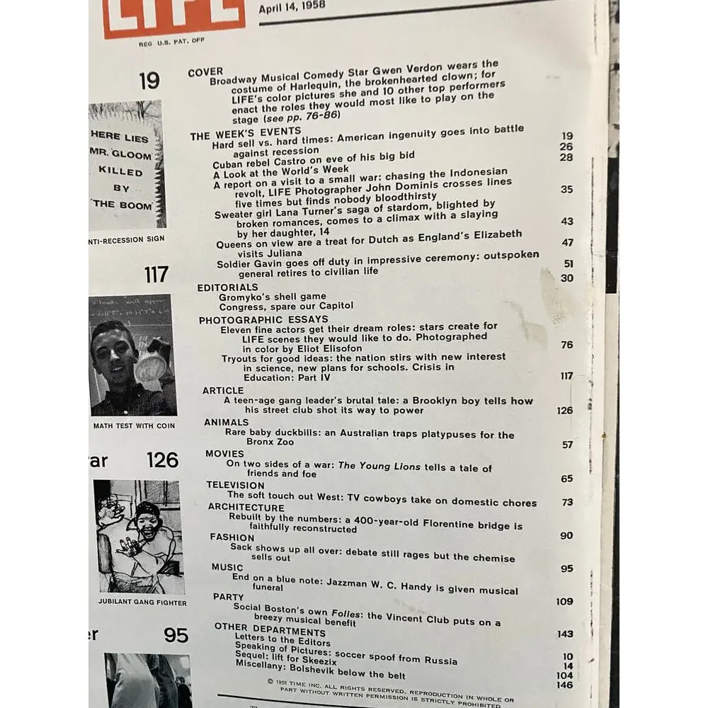 LIFE Magazine April 14 1958 Gwen Verdon Harlequin Cover Lana Turner Castro